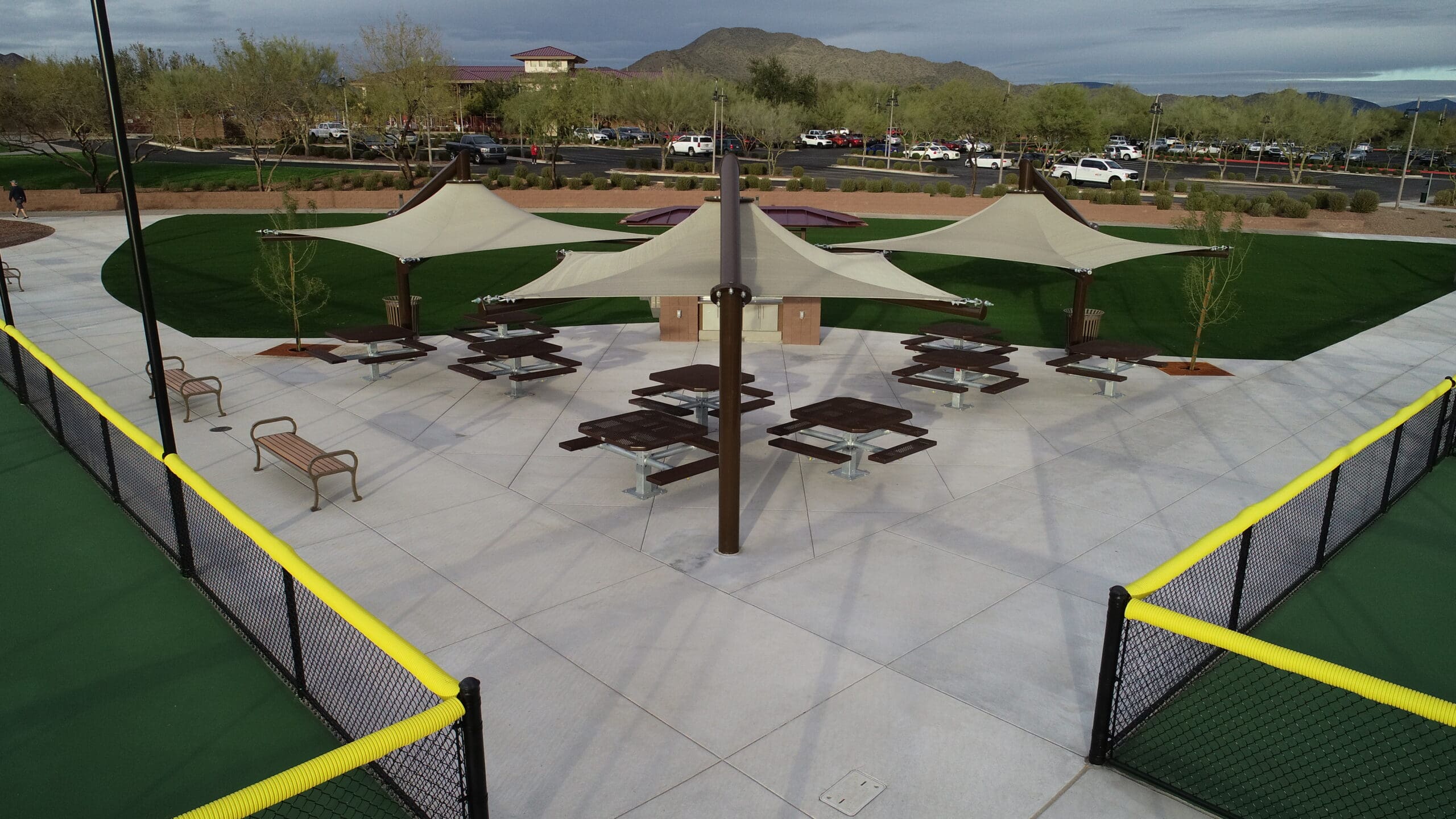 shade structures at rest area at pickleball courts