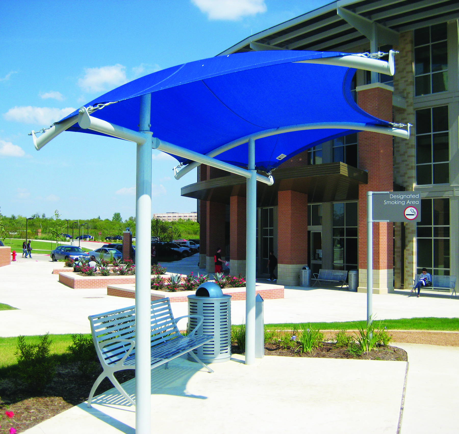 blue shade covering outdoor bench