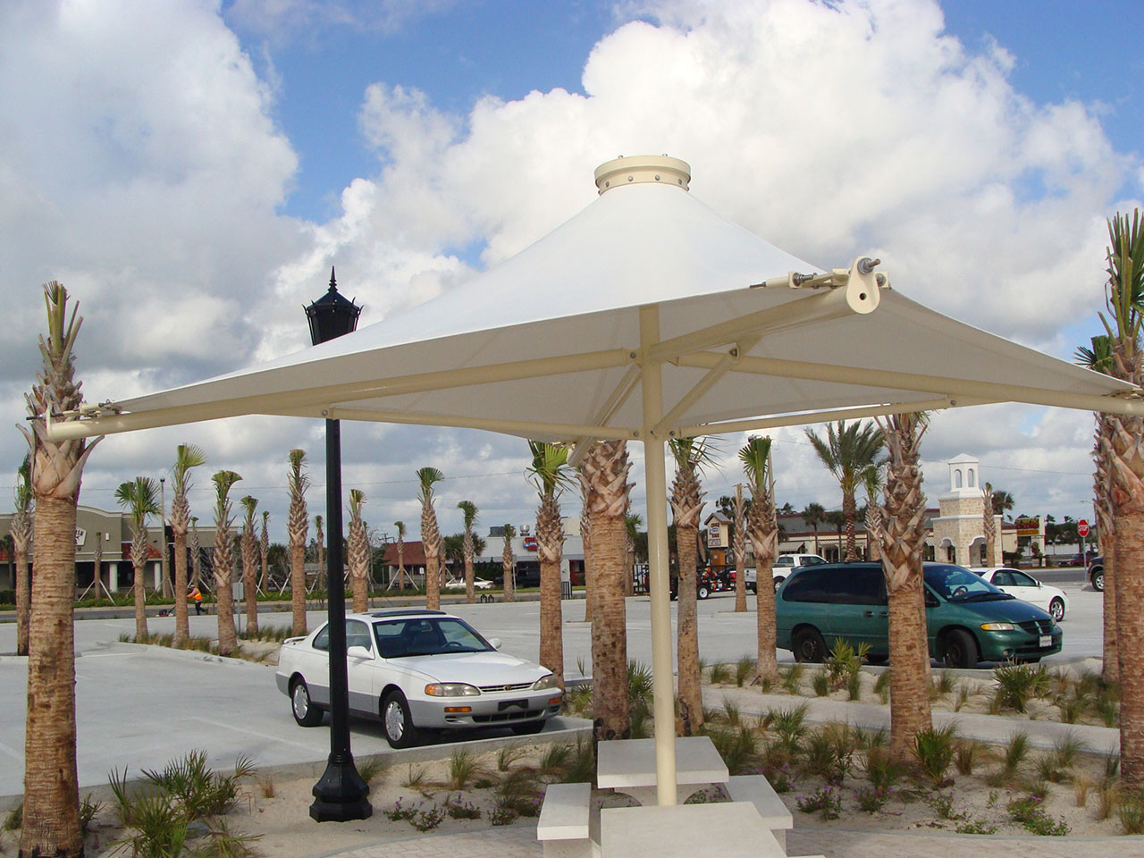 Shade structure at a rest area in parking lot