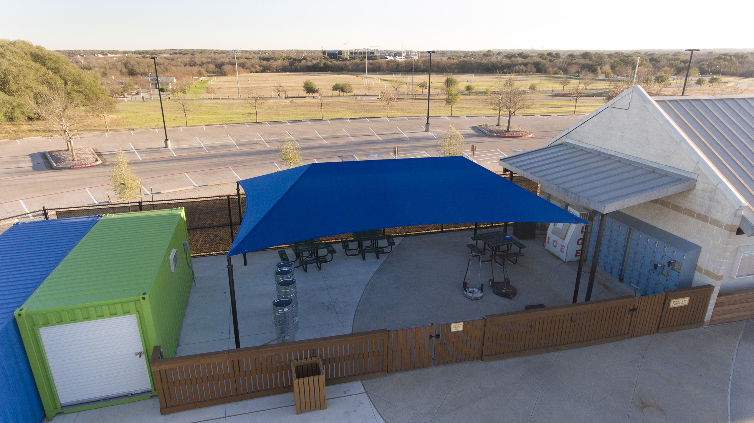 top view of blue usa shade over outdoor seating