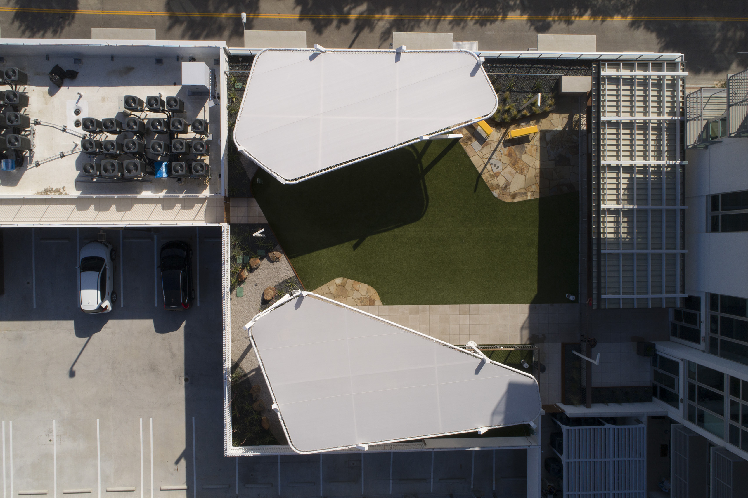 Overhead view of shade structure at Texas dog park