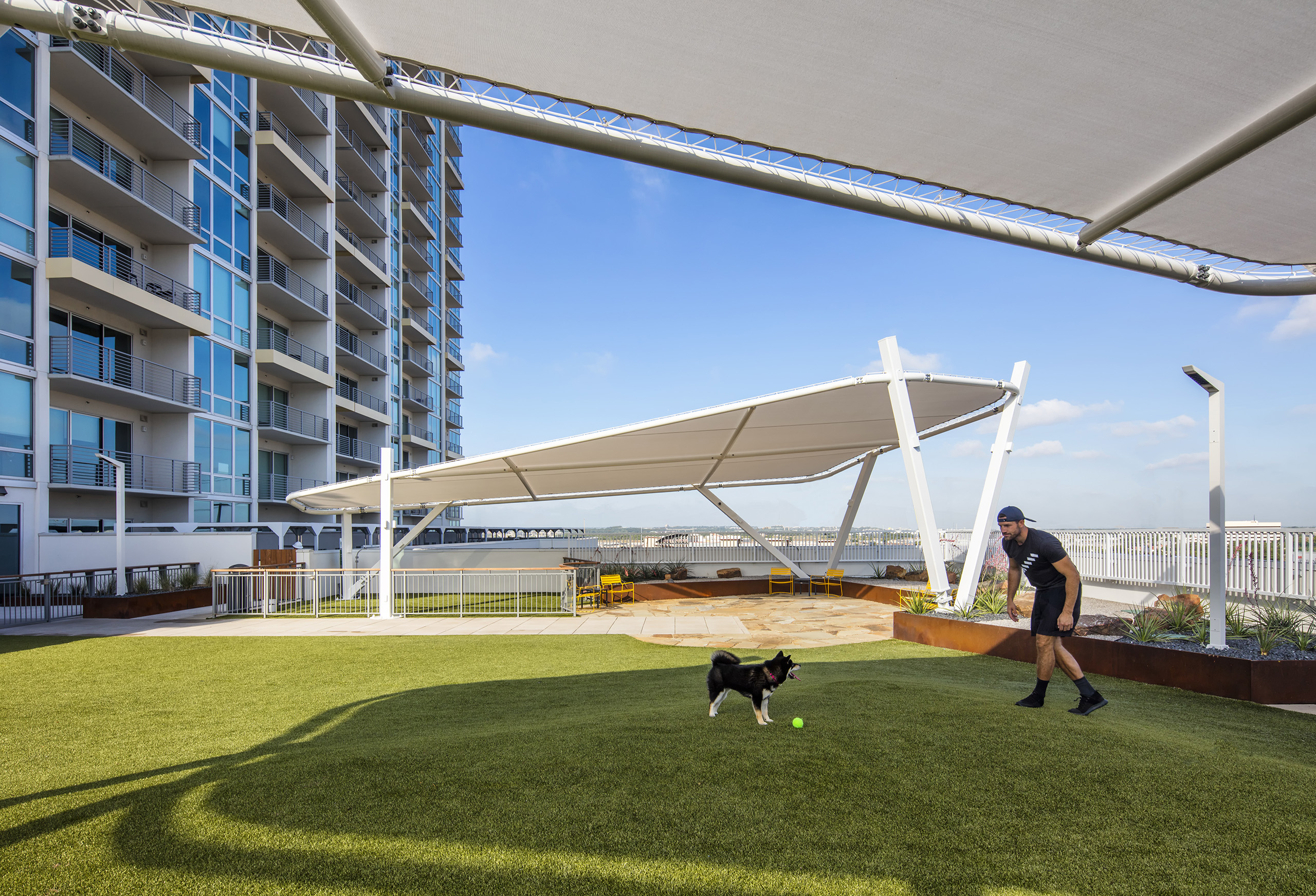 shade structure protecting roof area at katy station dog park