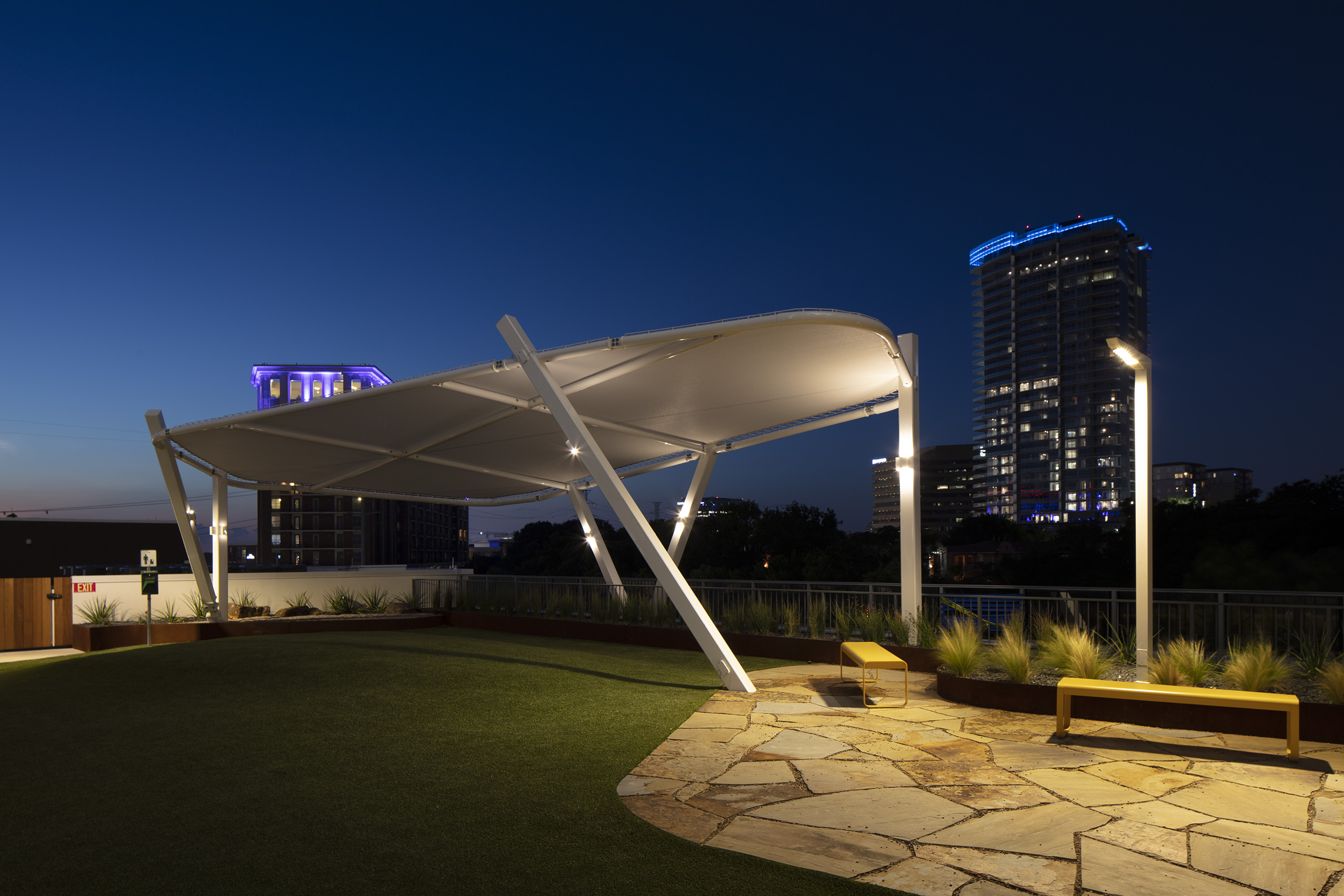Dog park shade structure lights up the night