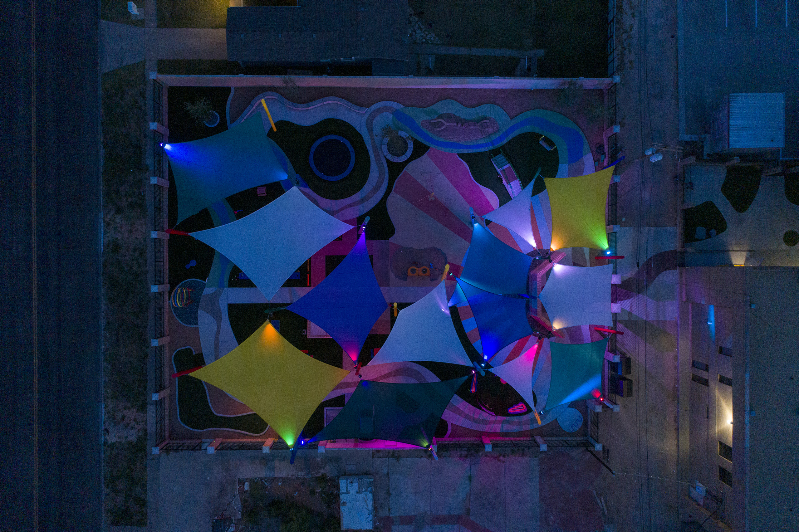 top view of playground lit up at night