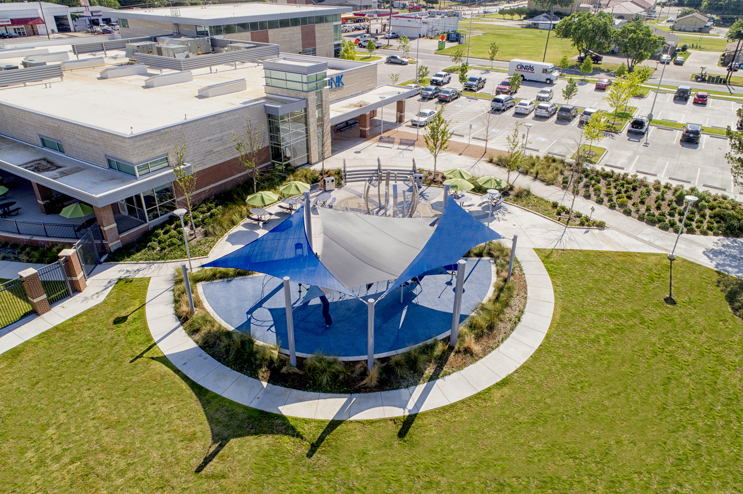 top view of usa shade structure covering outdoor playground