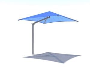 Single post pyramid cantilever shade structure for many uses, including pools, parks, and commercial venues