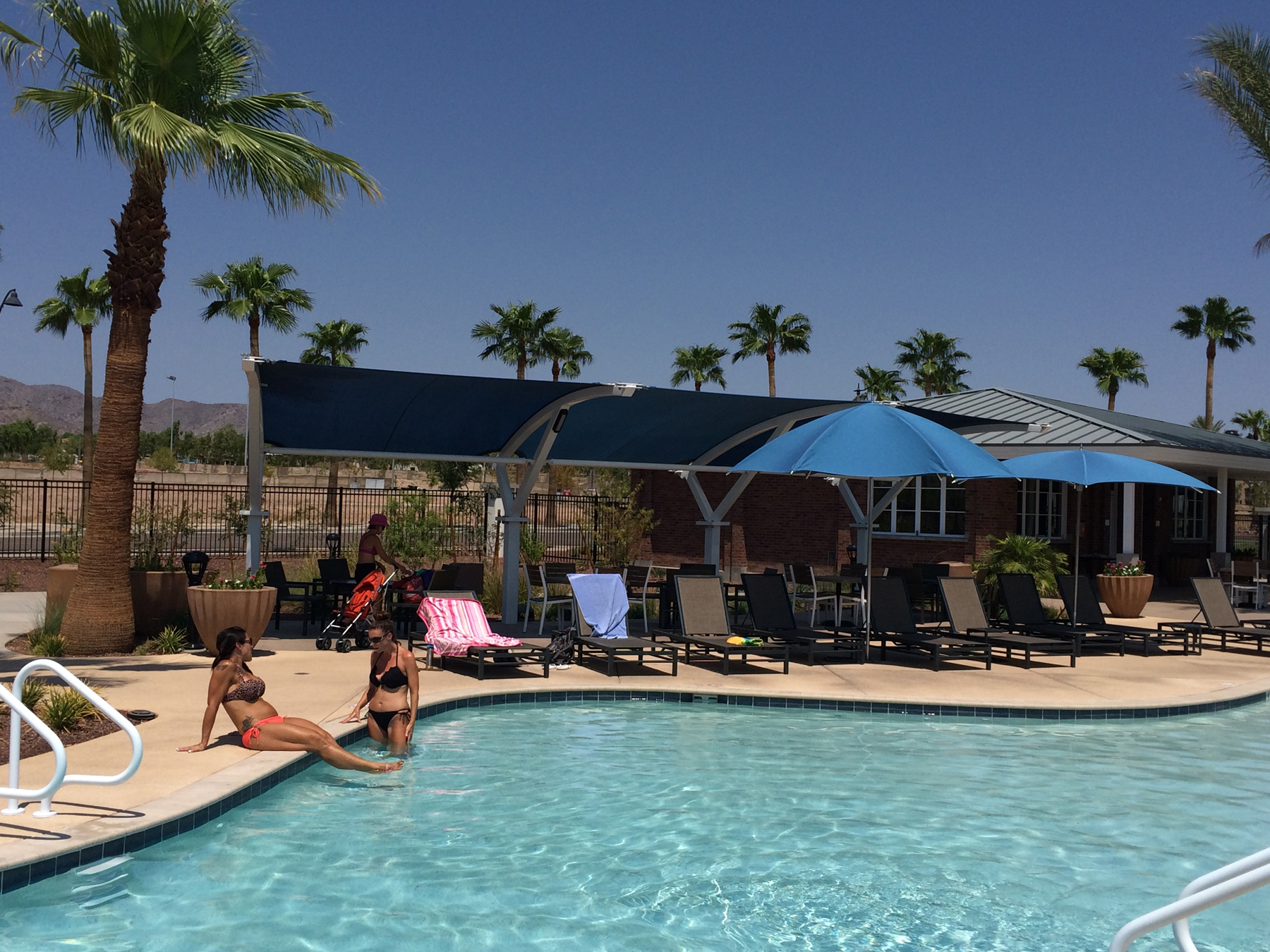 Two women enjoying pool with palm trees in background