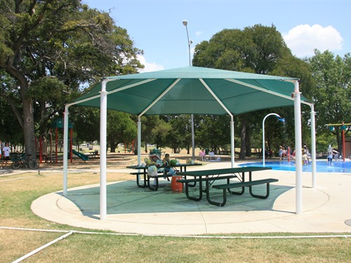 hexagon shade structure over picnic table