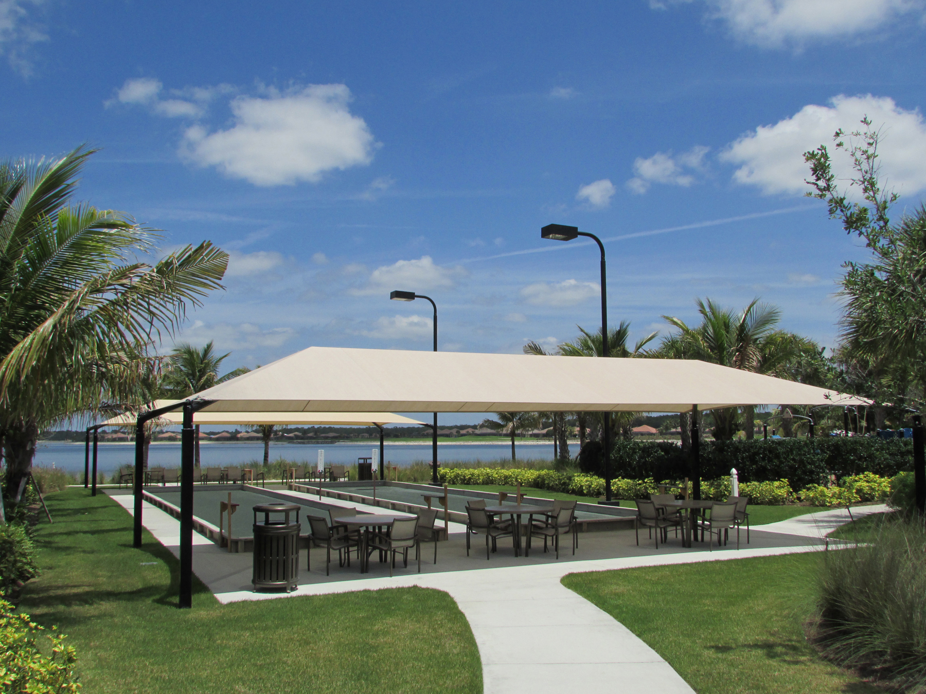 usa shade covering outdoor dining area