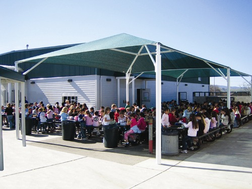 students eating lunch at outdoor tables