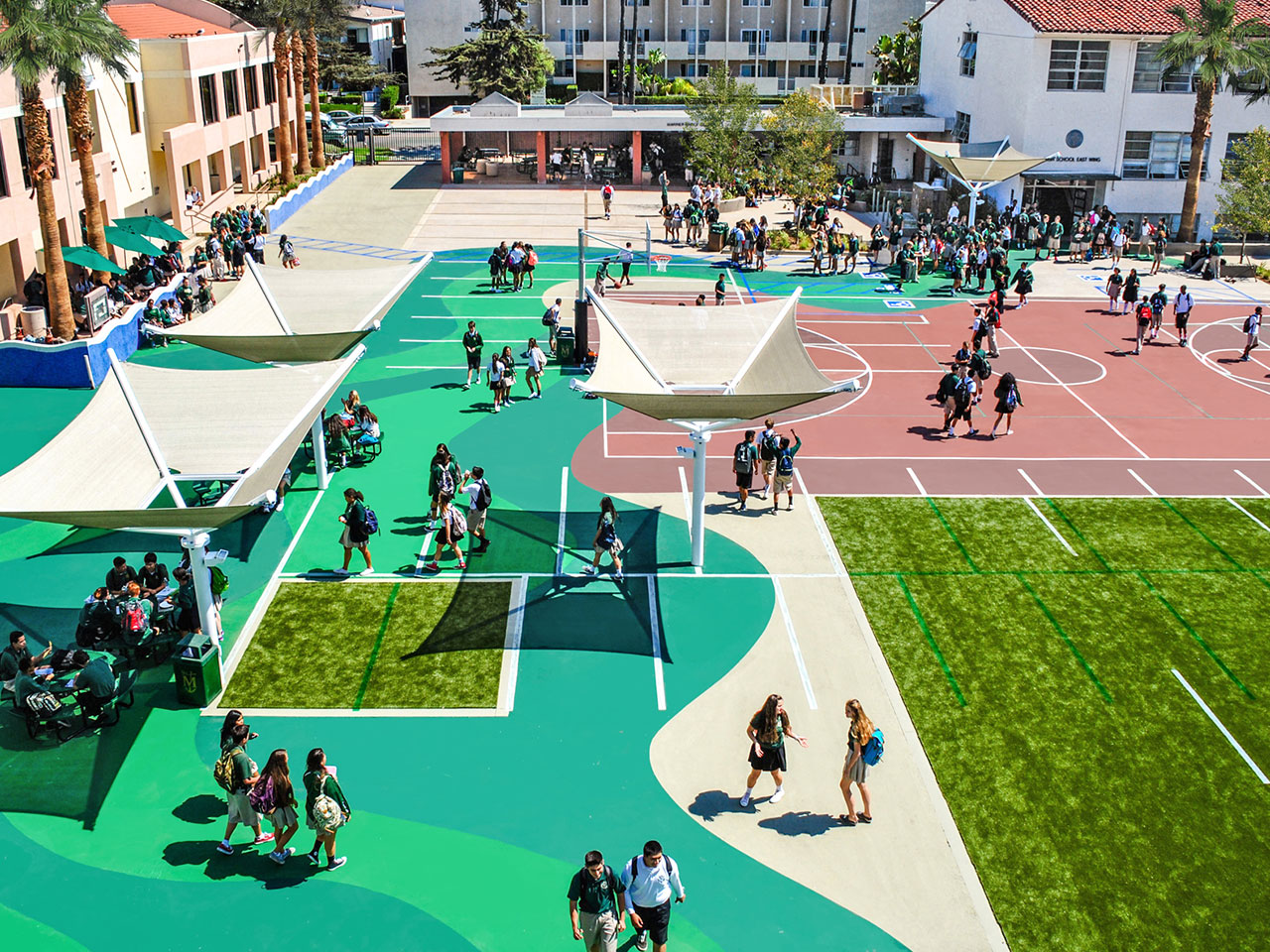 multiple sun shade structures in school yard