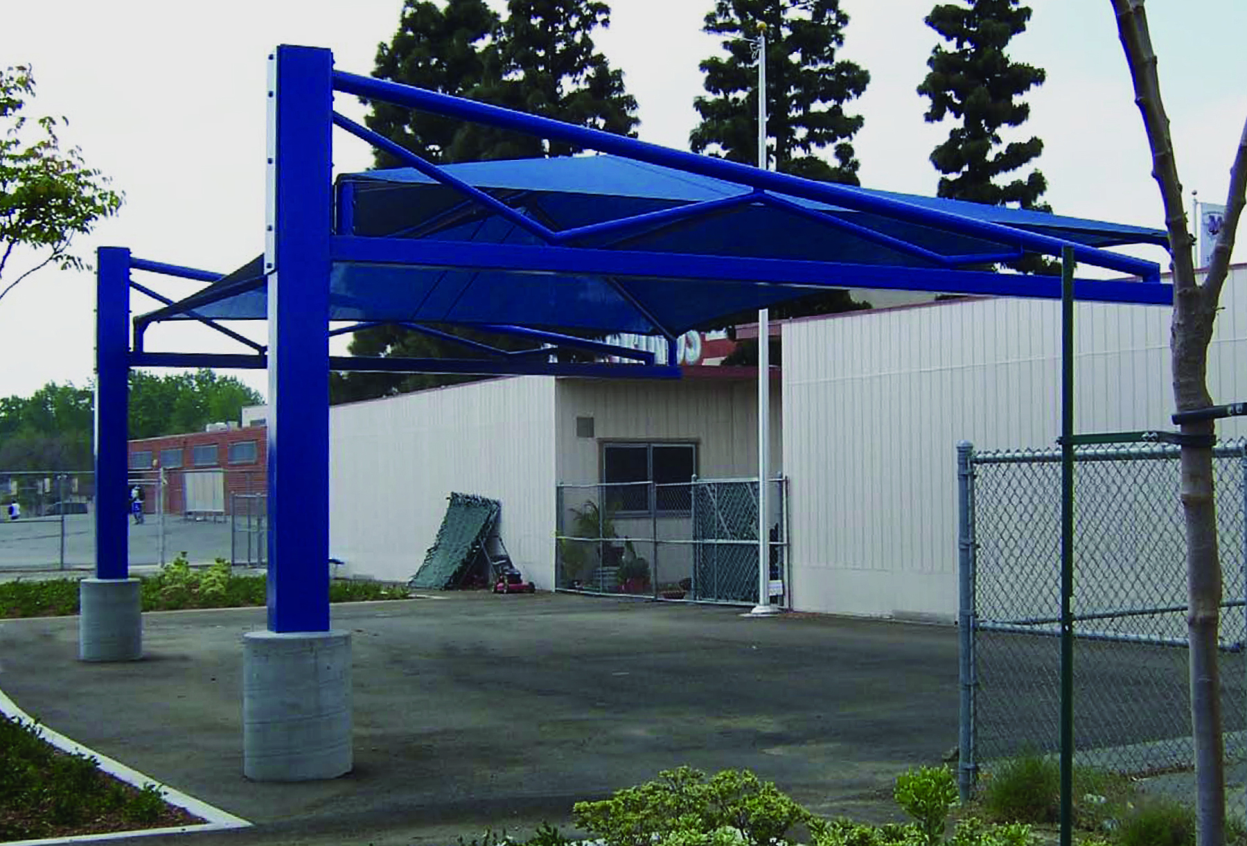 blue shade structure outside building