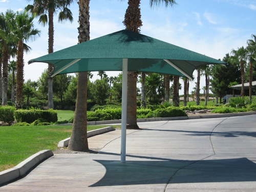 Stylish shade structure for pedestrians at golf club