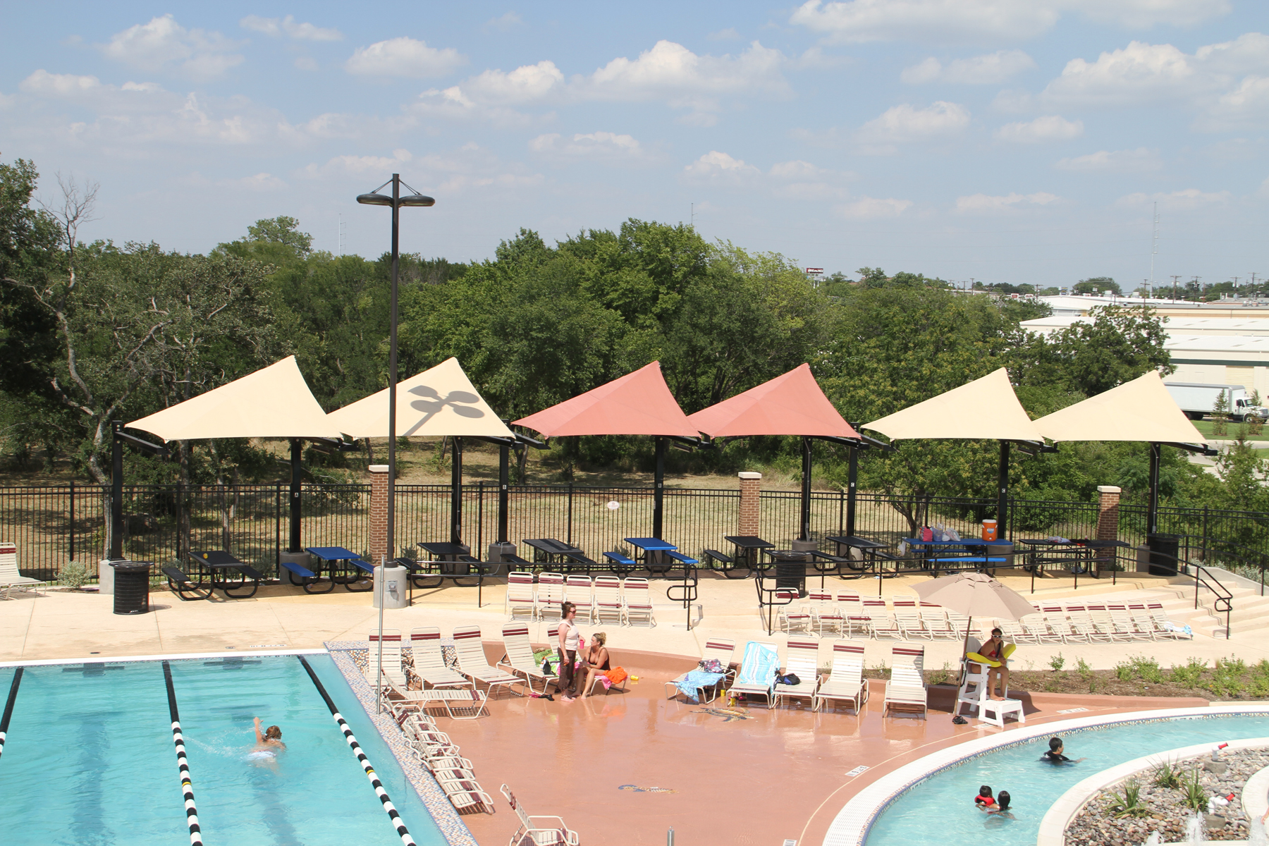 multiple usa shades shading outdoor pool seating