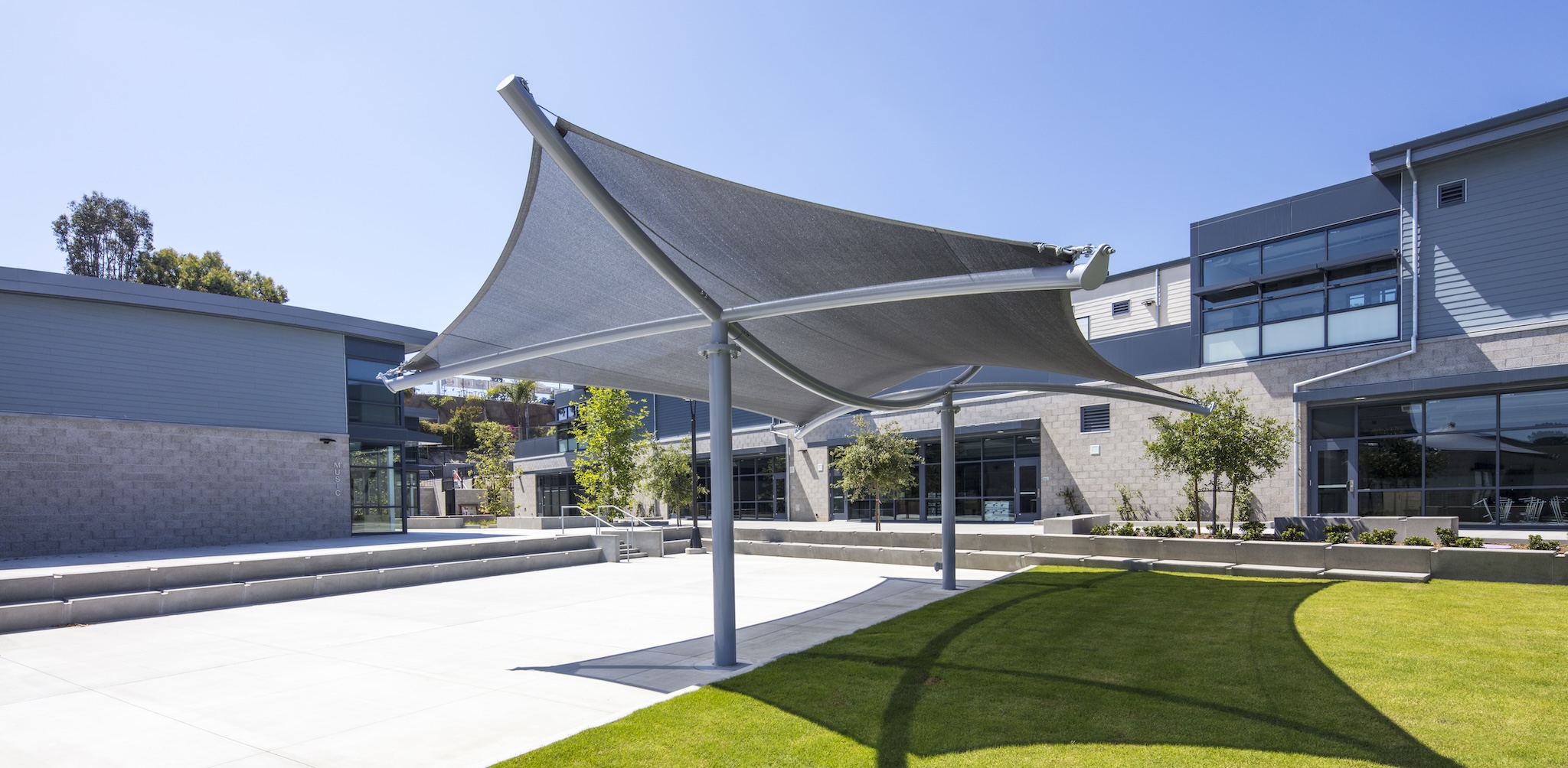 shade structure in a business plaza, elliptical shape