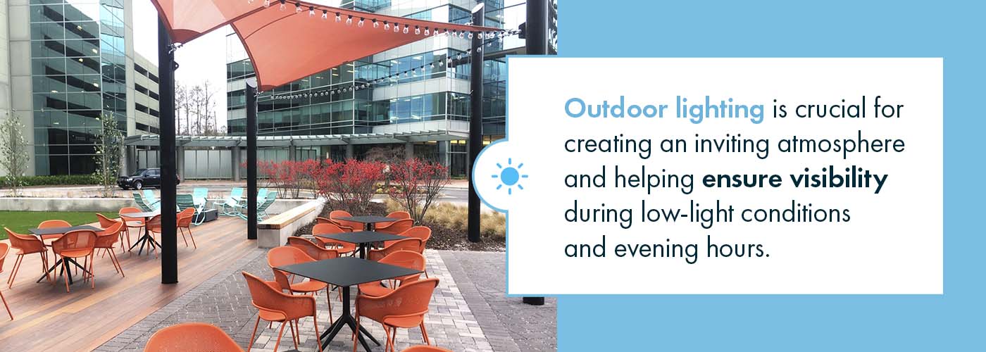 Outdoor lighting is crucial for creating an inviting atmosphere and helping ensure visibility during low-light conditions and evening hours.