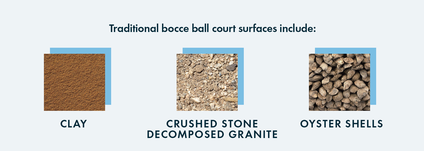 Traditional bocce ball court surfaces include:
